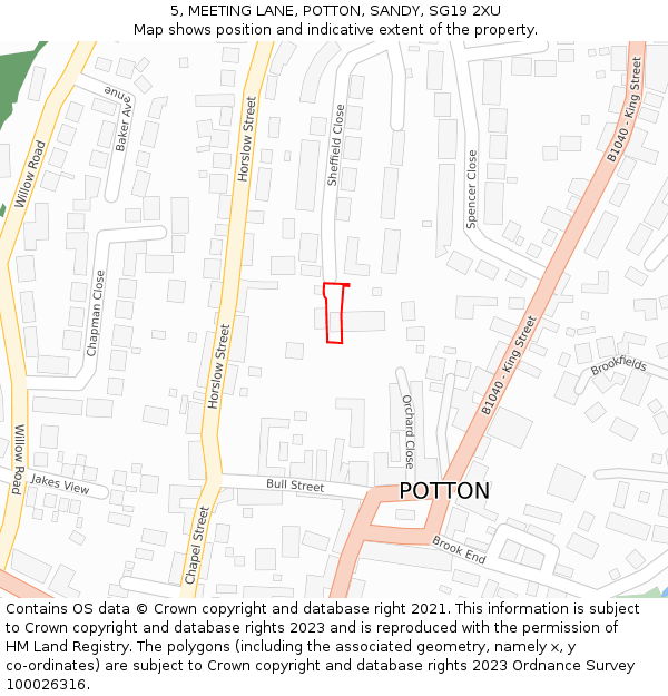 5, MEETING LANE, POTTON, SANDY, SG19 2XU: Location map and indicative extent of plot