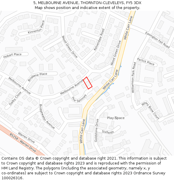 5, MELBOURNE AVENUE, THORNTON-CLEVELEYS, FY5 3DX: Location map and indicative extent of plot