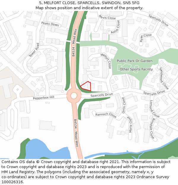 5, MELFORT CLOSE, SPARCELLS, SWINDON, SN5 5FG: Location map and indicative extent of plot