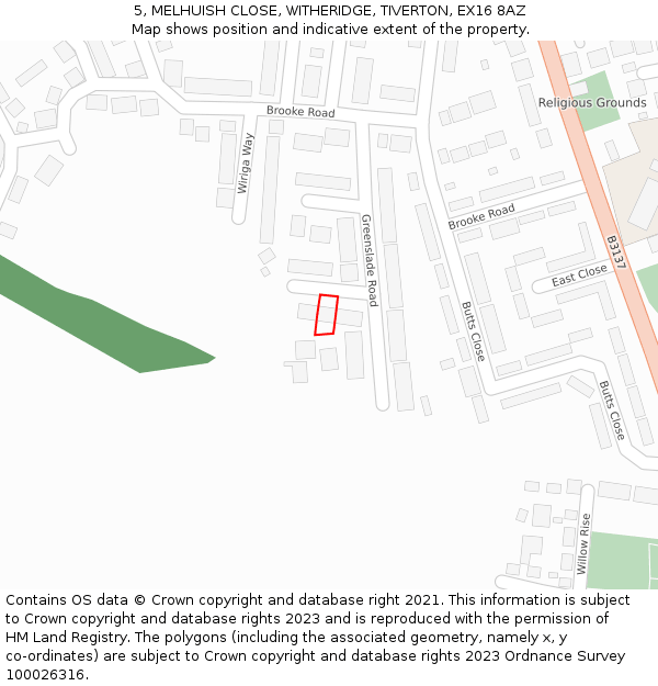 5, MELHUISH CLOSE, WITHERIDGE, TIVERTON, EX16 8AZ: Location map and indicative extent of plot