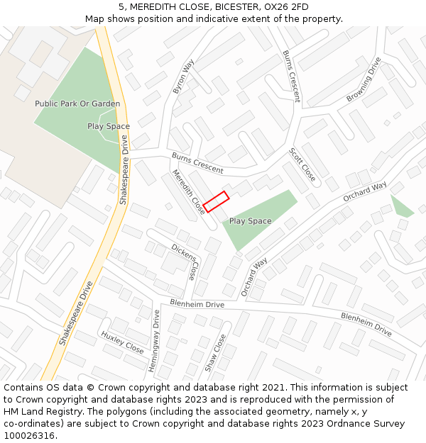 5, MEREDITH CLOSE, BICESTER, OX26 2FD: Location map and indicative extent of plot