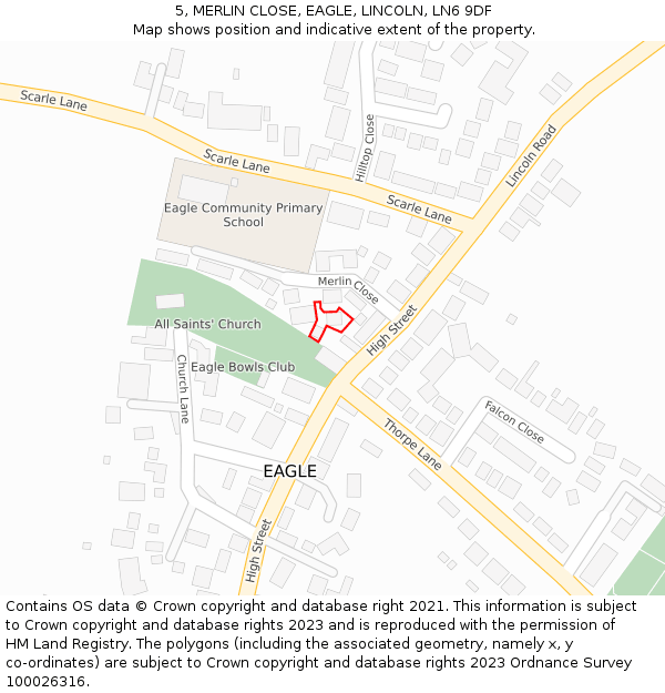 5, MERLIN CLOSE, EAGLE, LINCOLN, LN6 9DF: Location map and indicative extent of plot