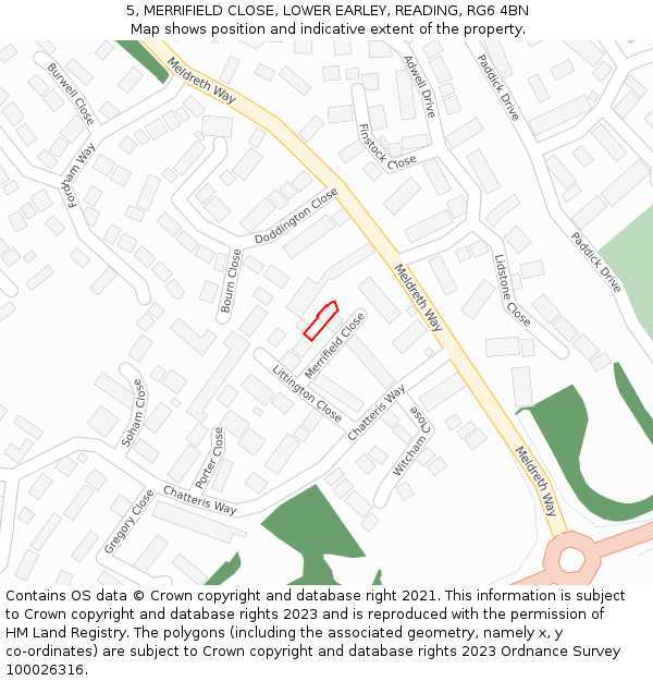 5, MERRIFIELD CLOSE, LOWER EARLEY, READING, RG6 4BN: Location map and indicative extent of plot
