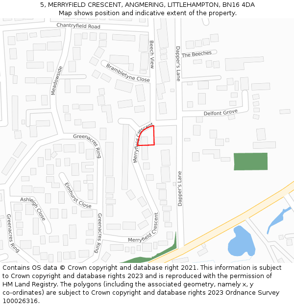 5, MERRYFIELD CRESCENT, ANGMERING, LITTLEHAMPTON, BN16 4DA: Location map and indicative extent of plot