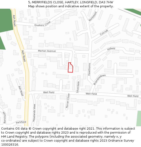 5, MERRYFIELDS CLOSE, HARTLEY, LONGFIELD, DA3 7HW: Location map and indicative extent of plot