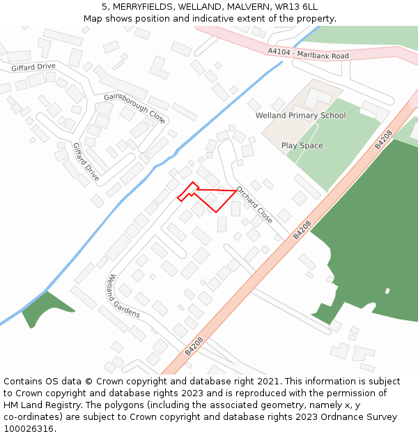 5, MERRYFIELDS, WELLAND, MALVERN, WR13 6LL: Location map and indicative extent of plot