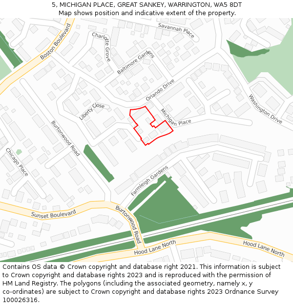 5, MICHIGAN PLACE, GREAT SANKEY, WARRINGTON, WA5 8DT: Location map and indicative extent of plot