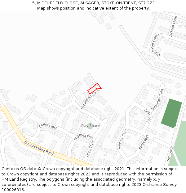 5, MIDDLEFIELD CLOSE, ALSAGER, STOKE-ON-TRENT, ST7 2ZF: Location map and indicative extent of plot