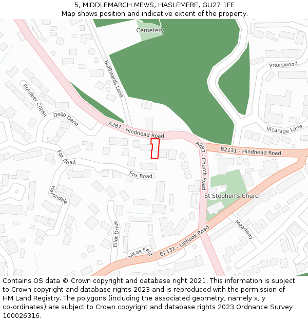 5, MIDDLEMARCH MEWS, HASLEMERE, GU27 1FE: Location map and indicative extent of plot