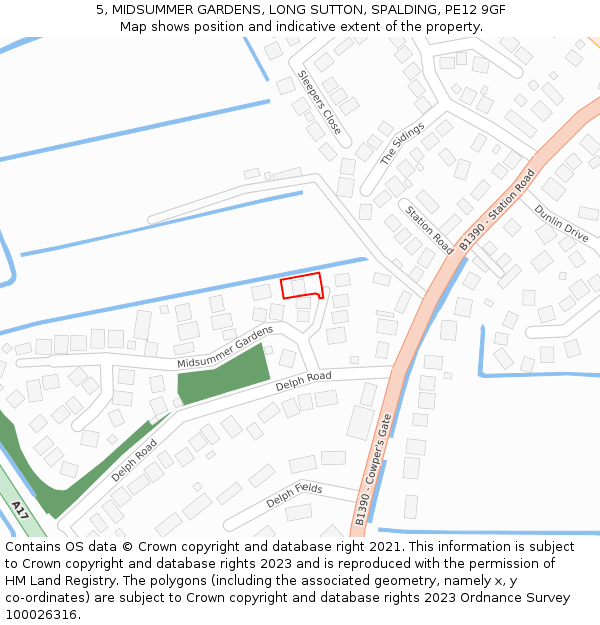 5, MIDSUMMER GARDENS, LONG SUTTON, SPALDING, PE12 9GF: Location map and indicative extent of plot
