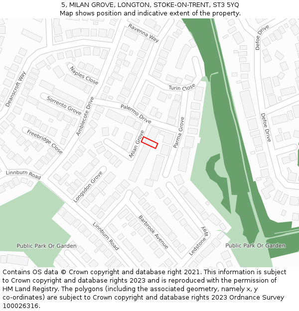 5, MILAN GROVE, LONGTON, STOKE-ON-TRENT, ST3 5YQ: Location map and indicative extent of plot