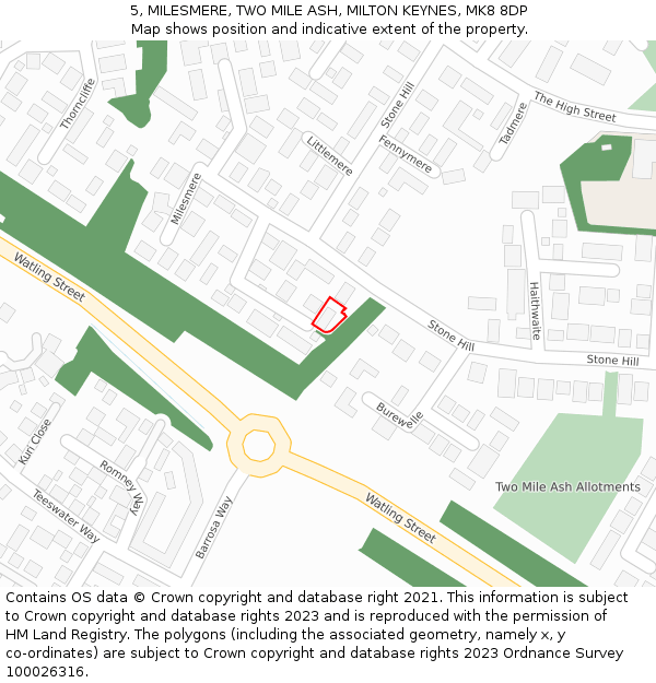 5, MILESMERE, TWO MILE ASH, MILTON KEYNES, MK8 8DP: Location map and indicative extent of plot