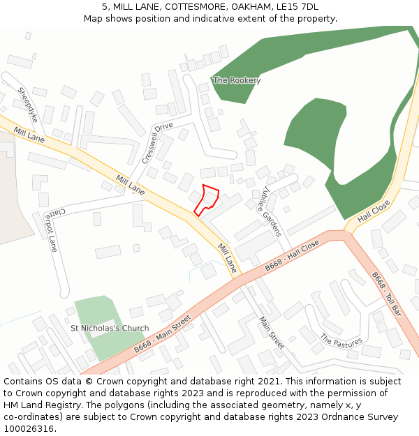 5, MILL LANE, COTTESMORE, OAKHAM, LE15 7DL: Location map and indicative extent of plot