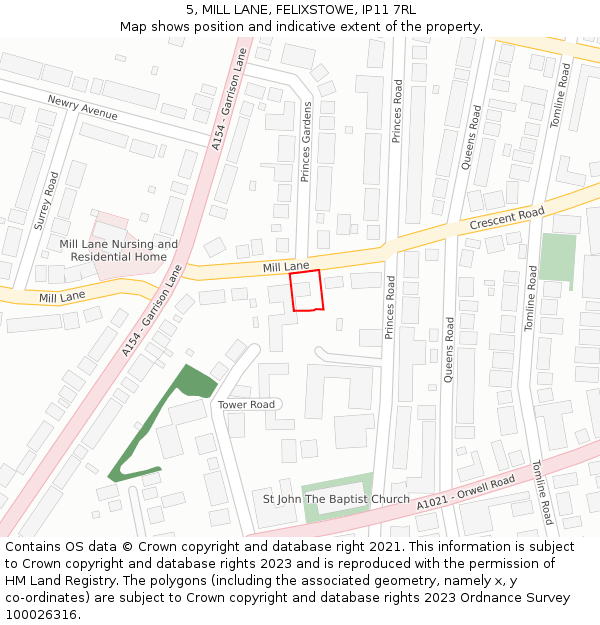 5, MILL LANE, FELIXSTOWE, IP11 7RL: Location map and indicative extent of plot