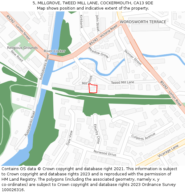 5, MILLGROVE, TWEED MILL LANE, COCKERMOUTH, CA13 9DE: Location map and indicative extent of plot