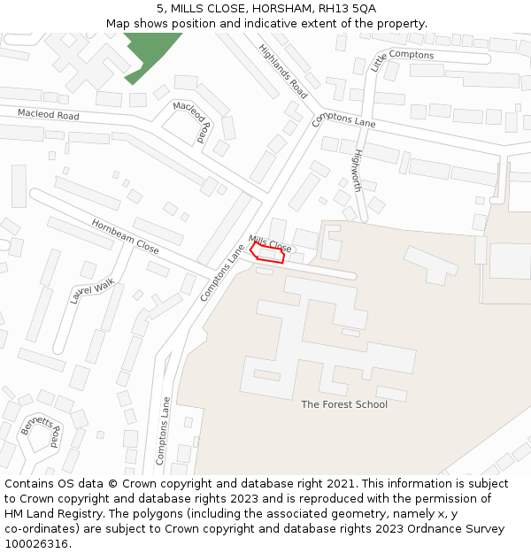 5, MILLS CLOSE, HORSHAM, RH13 5QA: Location map and indicative extent of plot