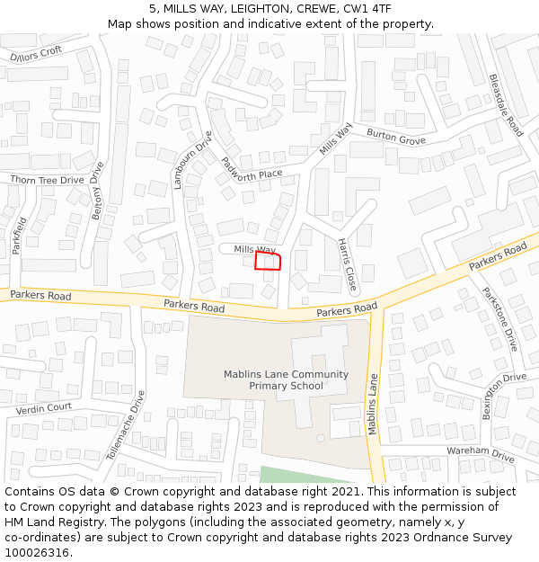 5, MILLS WAY, LEIGHTON, CREWE, CW1 4TF: Location map and indicative extent of plot