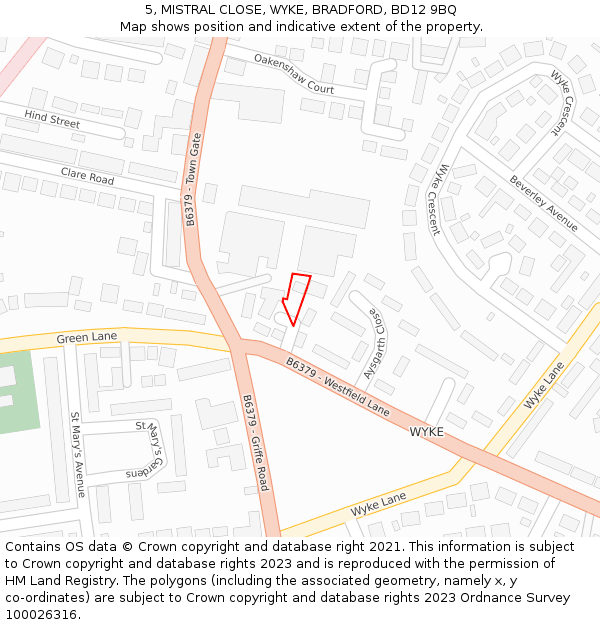 5, MISTRAL CLOSE, WYKE, BRADFORD, BD12 9BQ: Location map and indicative extent of plot