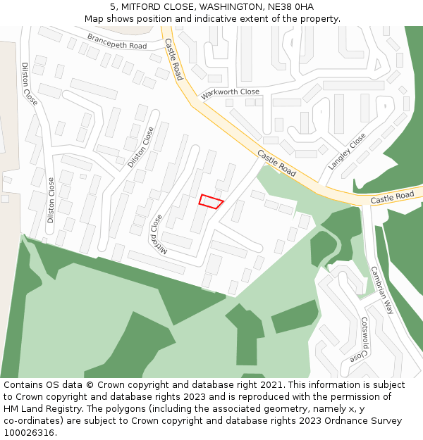 5, MITFORD CLOSE, WASHINGTON, NE38 0HA: Location map and indicative extent of plot