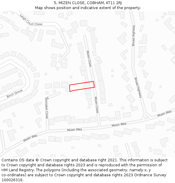 5, MIZEN CLOSE, COBHAM, KT11 2RJ: Location map and indicative extent of plot