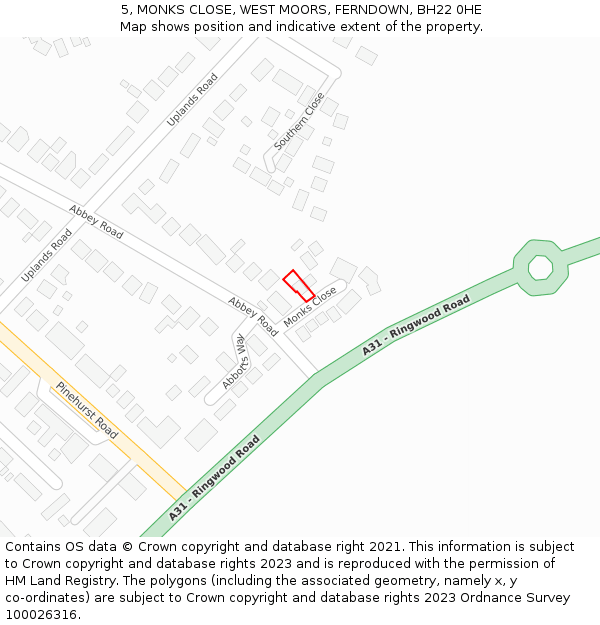 5, MONKS CLOSE, WEST MOORS, FERNDOWN, BH22 0HE: Location map and indicative extent of plot