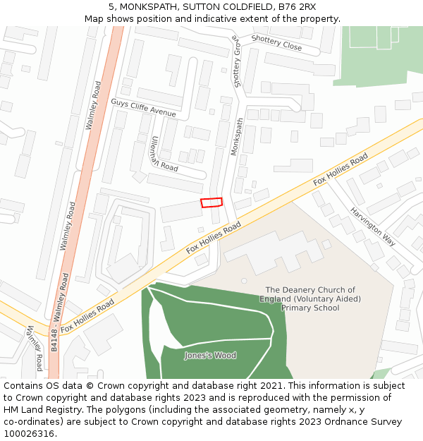 5, MONKSPATH, SUTTON COLDFIELD, B76 2RX: Location map and indicative extent of plot