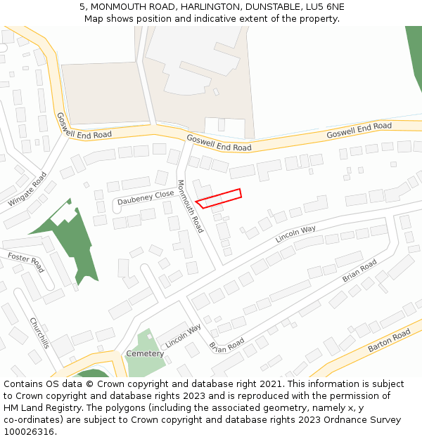 5, MONMOUTH ROAD, HARLINGTON, DUNSTABLE, LU5 6NE: Location map and indicative extent of plot