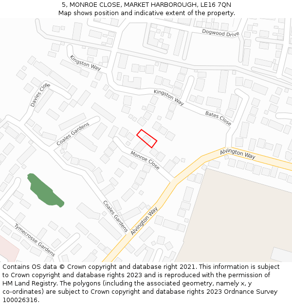 5, MONROE CLOSE, MARKET HARBOROUGH, LE16 7QN: Location map and indicative extent of plot