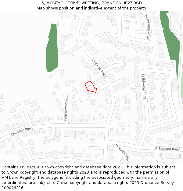 5, MONTAGU DRIVE, WEETING, BRANDON, IP27 0GD: Location map and indicative extent of plot