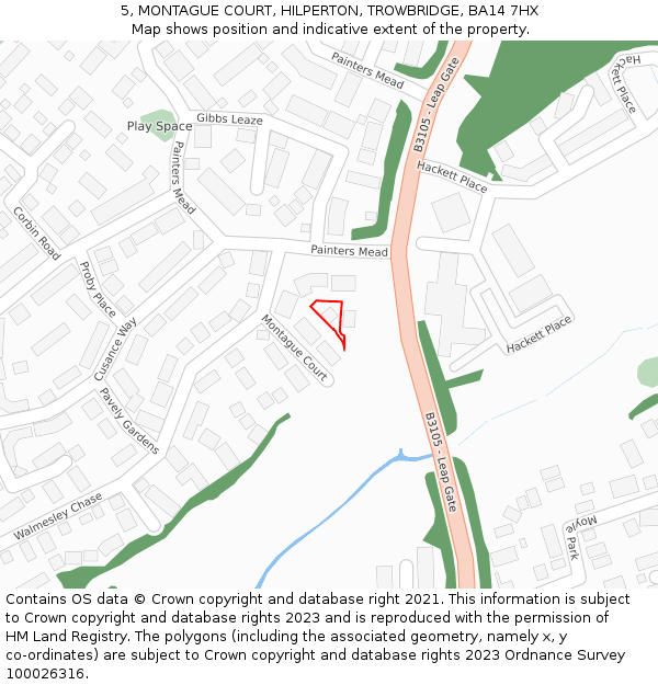 5, MONTAGUE COURT, HILPERTON, TROWBRIDGE, BA14 7HX: Location map and indicative extent of plot