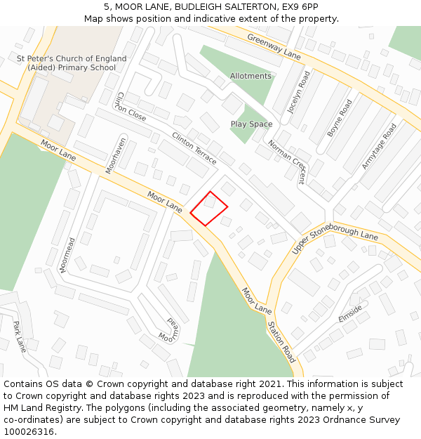 5, MOOR LANE, BUDLEIGH SALTERTON, EX9 6PP: Location map and indicative extent of plot