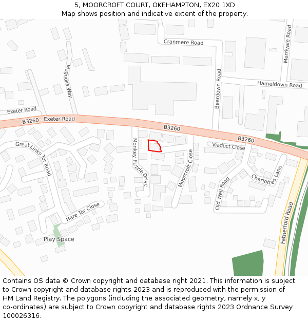 5, MOORCROFT COURT, OKEHAMPTON, EX20 1XD: Location map and indicative extent of plot