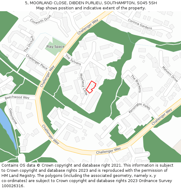 5, MOORLAND CLOSE, DIBDEN PURLIEU, SOUTHAMPTON, SO45 5SH: Location map and indicative extent of plot