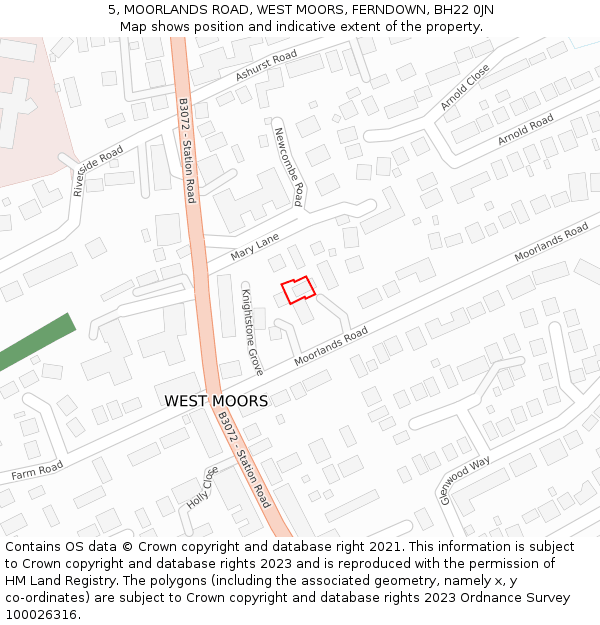 5, MOORLANDS ROAD, WEST MOORS, FERNDOWN, BH22 0JN: Location map and indicative extent of plot