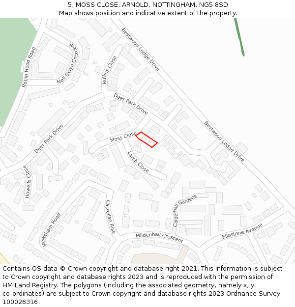 5, MOSS CLOSE, ARNOLD, NOTTINGHAM, NG5 8SD: Location map and indicative extent of plot