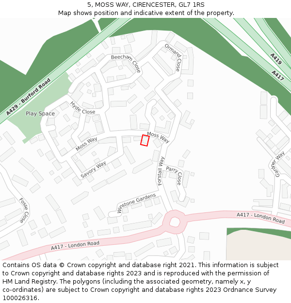 5, MOSS WAY, CIRENCESTER, GL7 1RS: Location map and indicative extent of plot