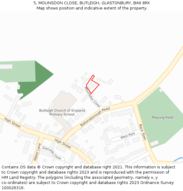 5, MOUNSDON CLOSE, BUTLEIGH, GLASTONBURY, BA6 8RX: Location map and indicative extent of plot