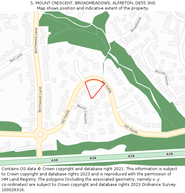 5, MOUNT CRESCENT, BROADMEADOWS, ALFRETON, DE55 3NS: Location map and indicative extent of plot