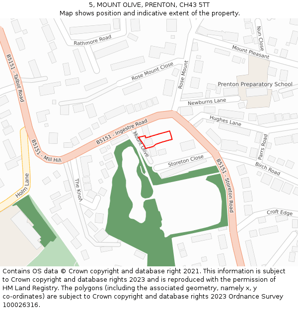 5, MOUNT OLIVE, PRENTON, CH43 5TT: Location map and indicative extent of plot