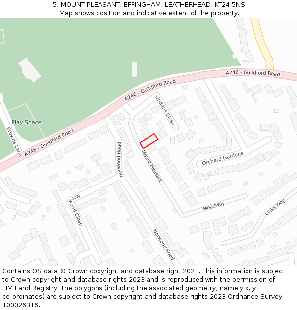 5, MOUNT PLEASANT, EFFINGHAM, LEATHERHEAD, KT24 5NS: Location map and indicative extent of plot
