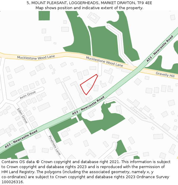 5, MOUNT PLEASANT, LOGGERHEADS, MARKET DRAYTON, TF9 4EE: Location map and indicative extent of plot