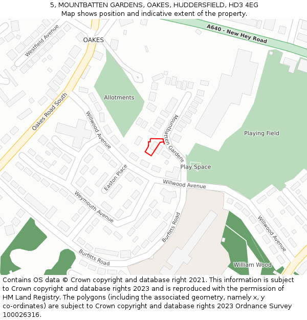 5, MOUNTBATTEN GARDENS, OAKES, HUDDERSFIELD, HD3 4EG: Location map and indicative extent of plot