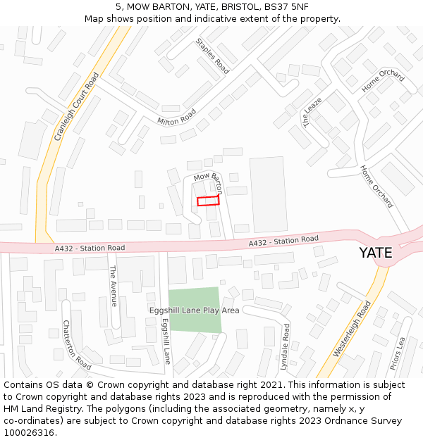 5, MOW BARTON, YATE, BRISTOL, BS37 5NF: Location map and indicative extent of plot