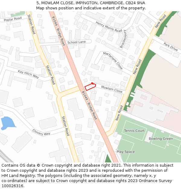 5, MOWLAM CLOSE, IMPINGTON, CAMBRIDGE, CB24 9NA: Location map and indicative extent of plot