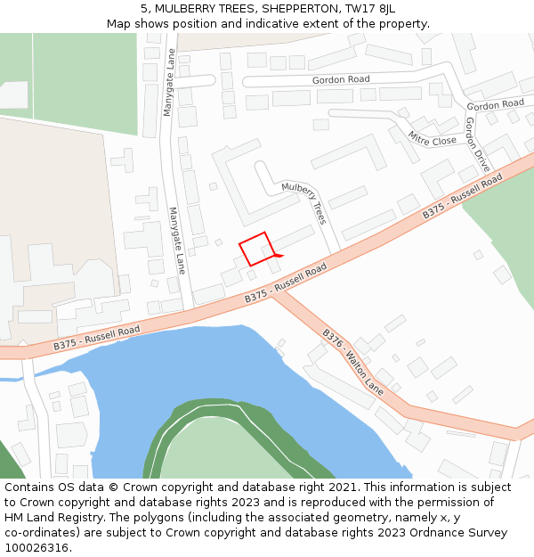 5, MULBERRY TREES, SHEPPERTON, TW17 8JL: Location map and indicative extent of plot