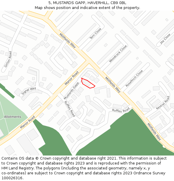 5, MUSTARDS GAPP, HAVERHILL, CB9 0BL: Location map and indicative extent of plot