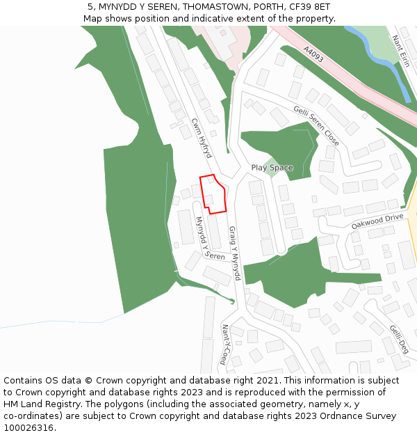 5, MYNYDD Y SEREN, THOMASTOWN, PORTH, CF39 8ET: Location map and indicative extent of plot