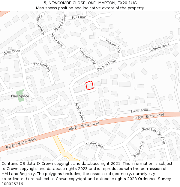 5, NEWCOMBE CLOSE, OKEHAMPTON, EX20 1UG: Location map and indicative extent of plot