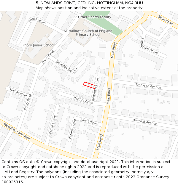 5, NEWLANDS DRIVE, GEDLING, NOTTINGHAM, NG4 3HU: Location map and indicative extent of plot