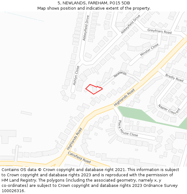 5, NEWLANDS, FAREHAM, PO15 5DB: Location map and indicative extent of plot